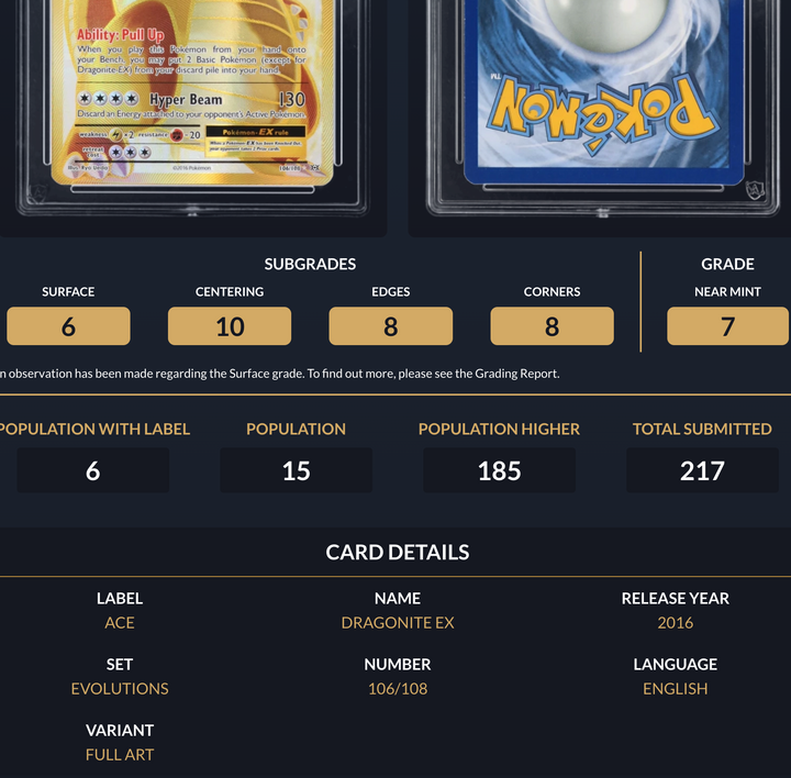 Pokemon Graded Card - Dragonite EX 106/108 - Ace Near Mint 7 (518062)