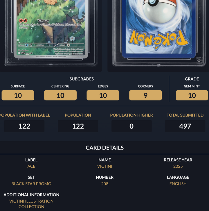 Pokemon Graded Card - Victini 208 SV Promo - Ace Gem Mint 10 (518047)