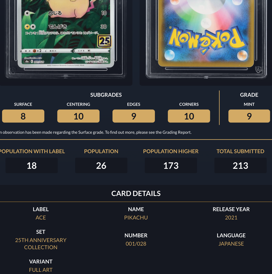 Pokemon Graded Card - Pikachu 001/028 25th - Japanese - Ace Mint 9 (518070)