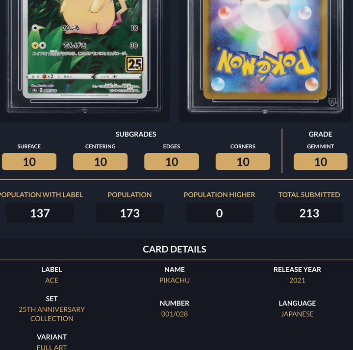 Pokemon Graded Card - Pikachu 001/028 25th - Japanese - Ace Gem Mint 10 (518068)