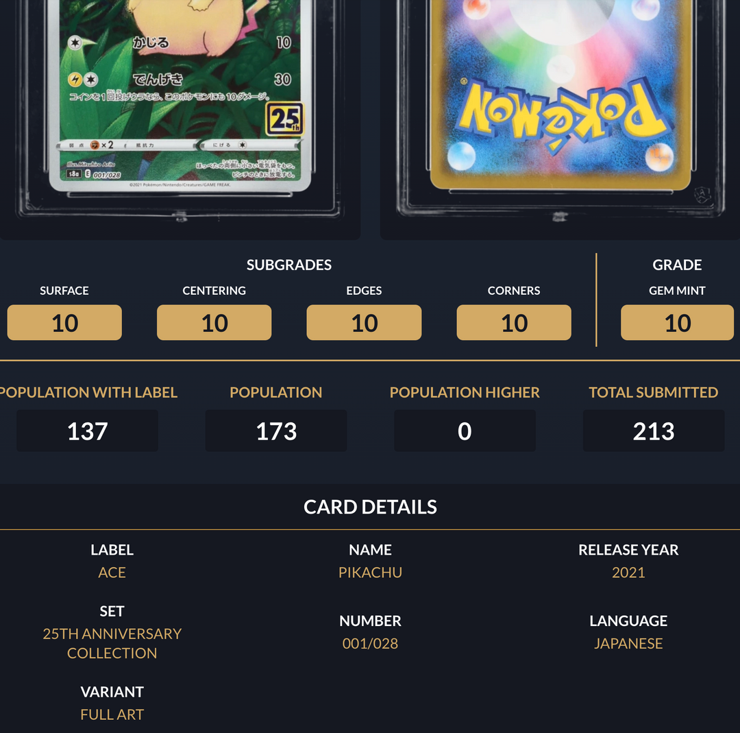 Pokemon Graded Card - Pikachu 001/028 25th - Japanese - Ace Gem Mint 10 (518065)