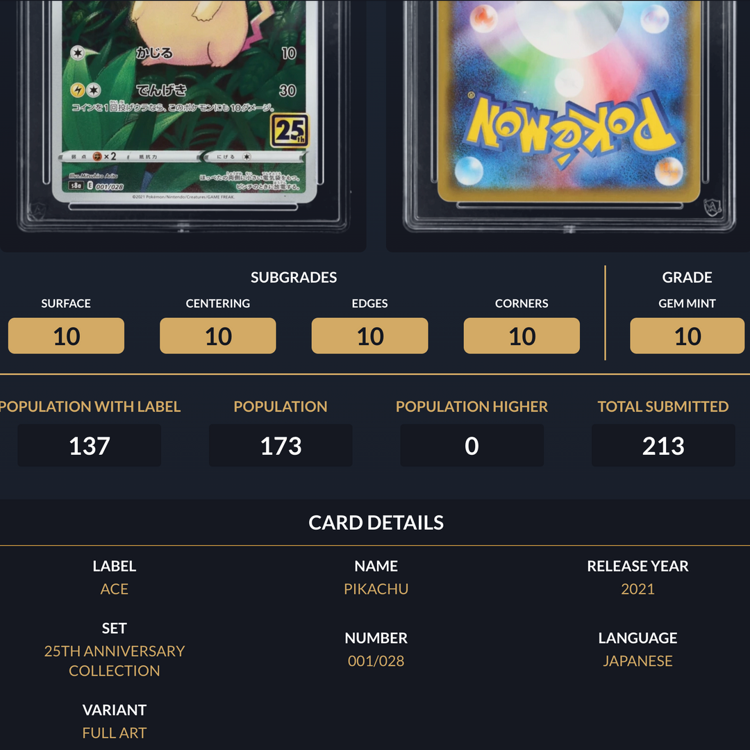 Pokemon Graded Card - Pikachu 001/028 25th - Japanese - Ace Gem Mint 10 (518069)