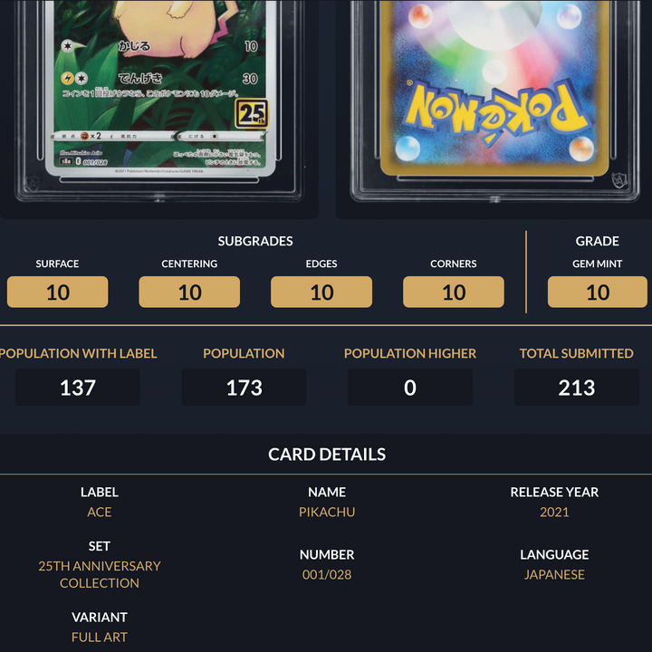 Pokemon Graded Card - Pikachu 001/028 25th - Japanese - Ace Gem Mint 10 (518069)