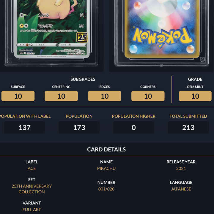 Pokemon Graded Card - Pikachu 001/028 25th - Japanese - Ace Gem Mint 10 (518066)