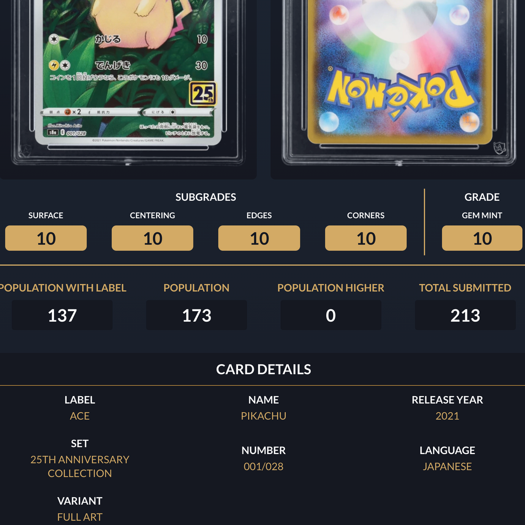 Pokemon Graded Card - Pikachu 001/028 25th - Japanese - Ace Gem Mint 10 (518067)