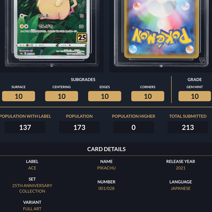 Pokemon Graded Card - Pikachu 001/028 25th - Japanese - Ace Gem Mint 10 (518067)