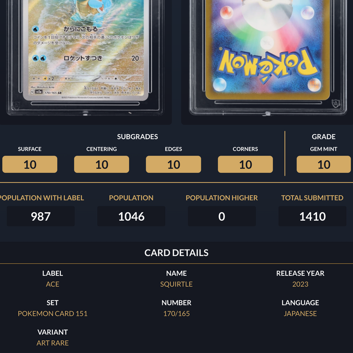 Pokemon Graded Card - Squirtle 170/165 - Japanese - Ace Gem Mint 10 (518039)