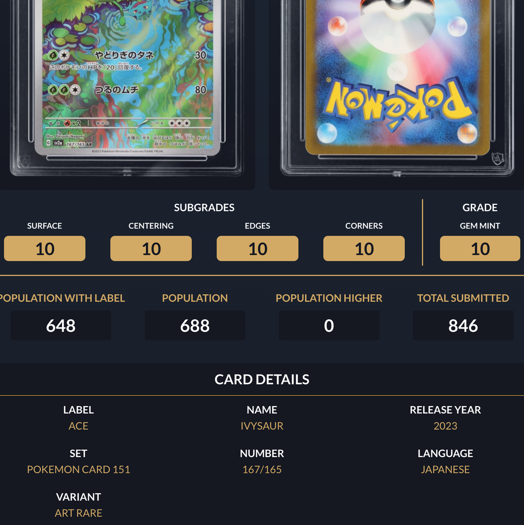 Pokemon Graded Card - Ivysaur 167/165 - Japanese - Ace Gem Mint 10 (518036)