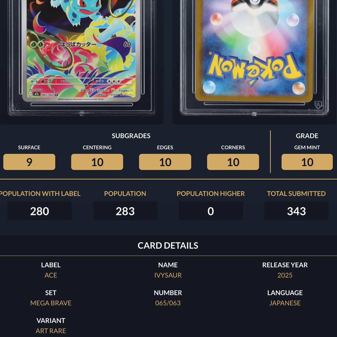 Pokemon Graded Card - Ivysaur 065/063 - Japanese - Ace Gem Mint 10 (518031)