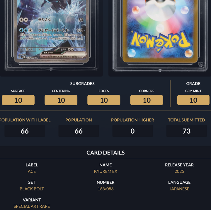 Pokemon Graded Card - Kyurem ex 168/086 - Japanese - Ace Gem Mint 10 (518051)