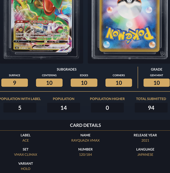 Pokemon Graded Card - Rayquaza VMAX 120/184 - Japanese - Ace Gem Mint 10 (518061)