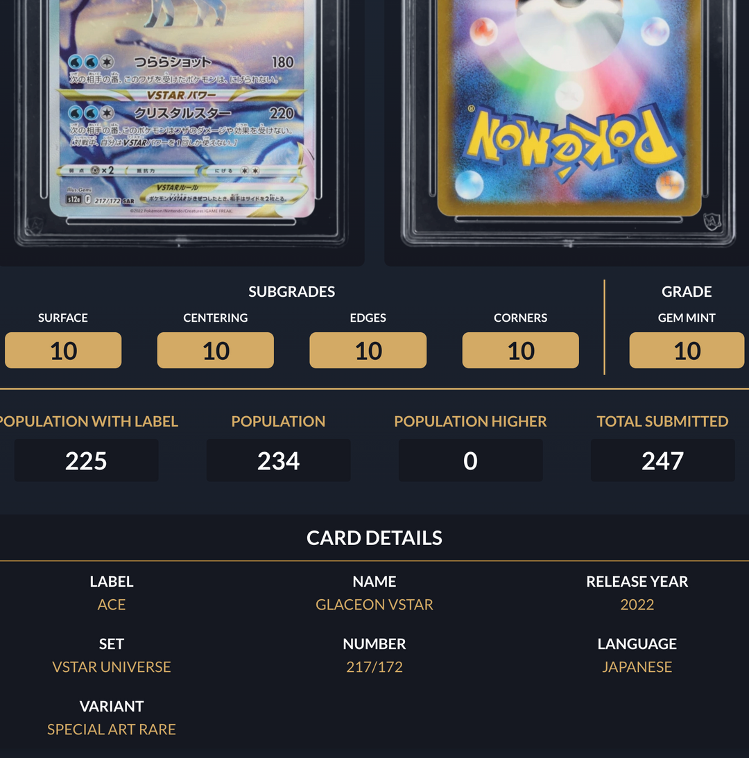 Pokemon Graded Card - Glaceon VSTAR 217/172 - Japanese - Ace Gem Mint 10 (518054)