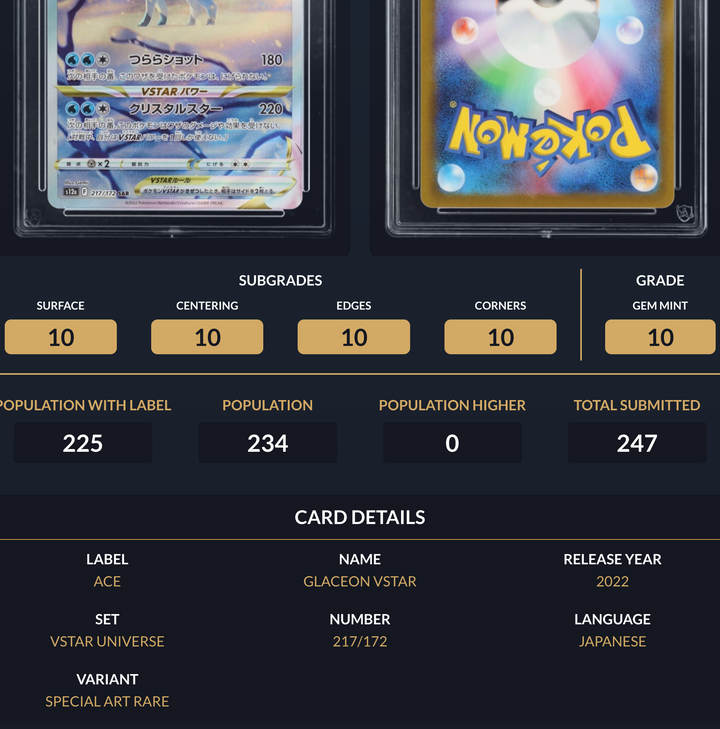 Pokemon Graded Card - Glaceon VSTAR 217/172 - Japanese - Ace Gem Mint 10 (518054)