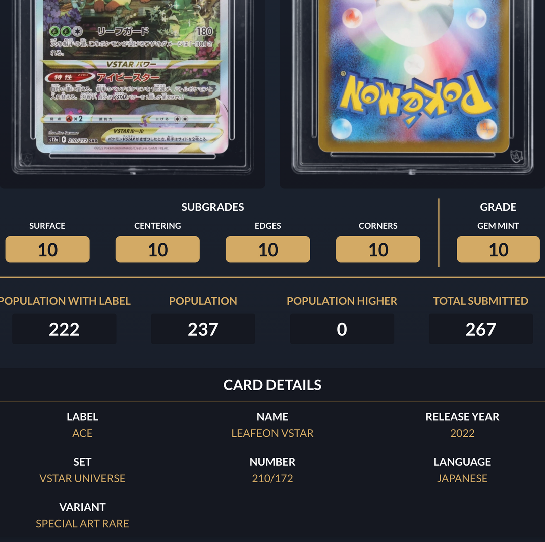 Pokemon Graded Card - Leafeon VSTAR 210/172 - Japanese - Ace Gem Mint 10 (518055)