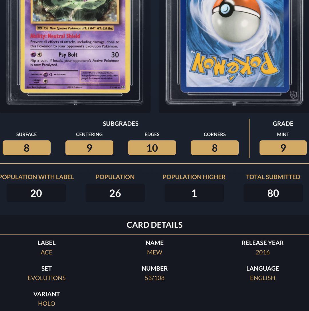 Pokemon Graded Card - Mew 53/108 Holo - Ace Mint 9 (518064)