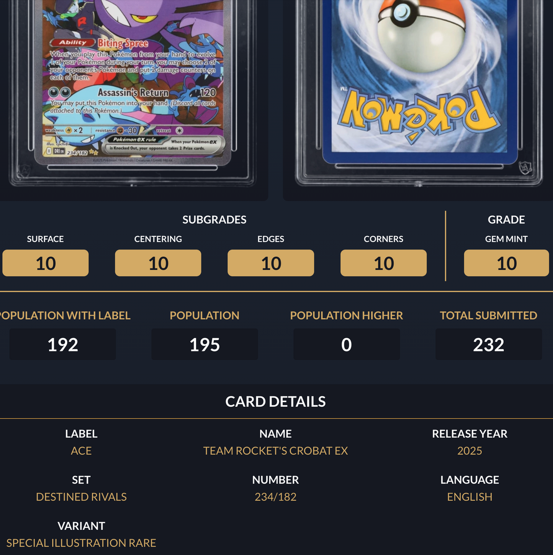 Pokemon Graded Card - Team Rocket's Crobat 234/182 - Ace Gem Mint 10 (518056)