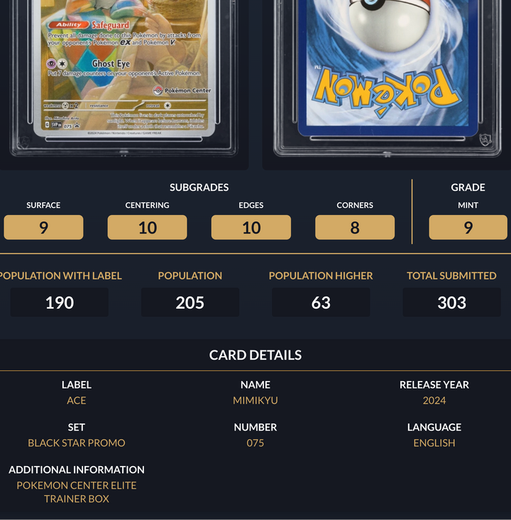 Pokemon Graded Card - Mimikyu 075 Pokemon Center Promo - Ace Mint 9 (304948)