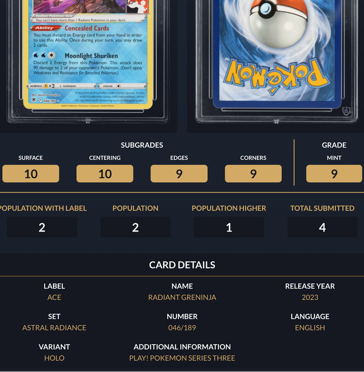 Pokemon Graded Card - Radiant Greninja 046 Play! S3 - Ace Mint 9 (518057)