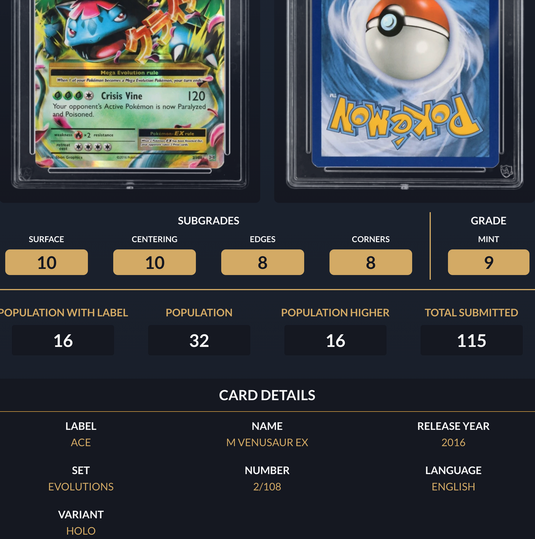 Pokemon Graded Card - M Venusaur EX 2/108 - Ace Mint 9 (518042)