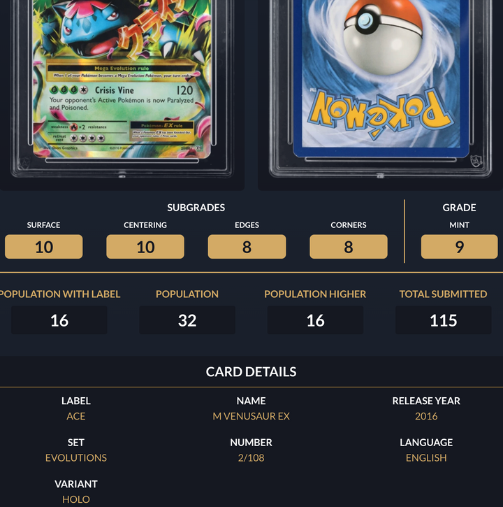 Pokemon Graded Card - M Venusaur EX 2/108 - Ace Mint 9 (518042)