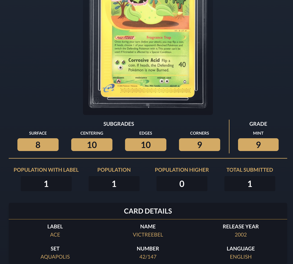 Pokemon Graded Card - Victreebel 42/147 - Ace Mint 9 (267609) - stylecreep.com