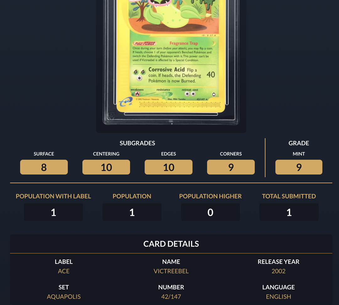 Pokemon Graded Card - Victreebel 42/147 - Ace Mint 9 (267609)