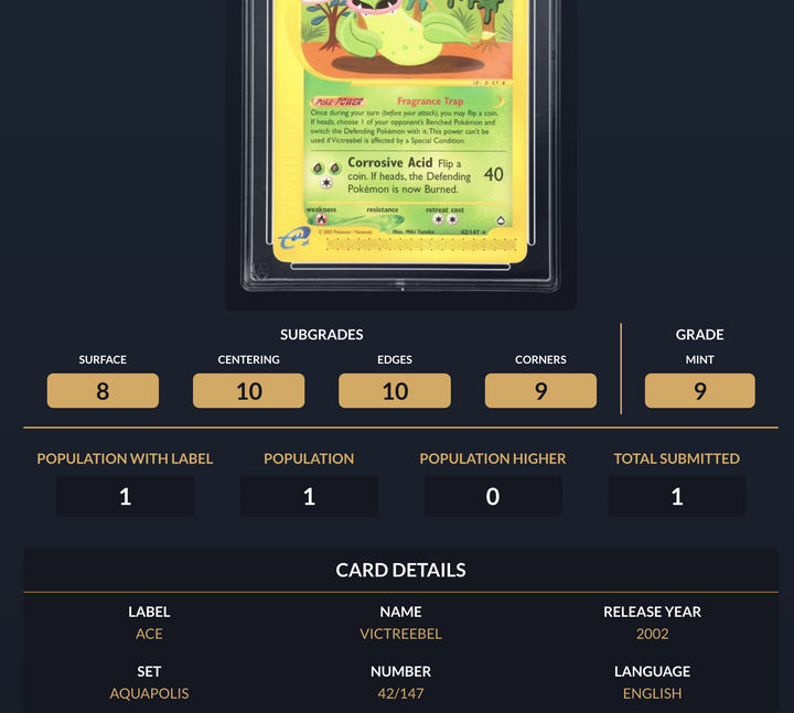 Pokemon Graded Card - Victreebel 42/147 - Ace Mint 9 (267609)