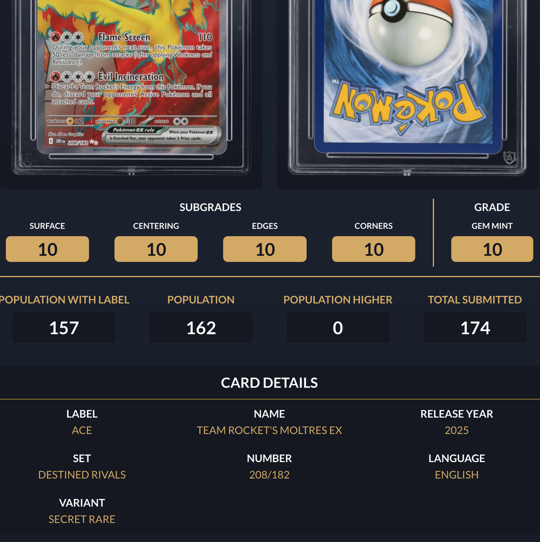Pokemon Graded Card - Team Rocket's Moltres ex 208/182 - Ace Gem Mint 10 (518058)