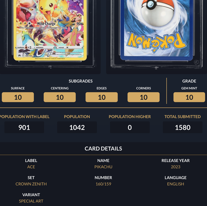 Pokemon Graded Card - Pikachu 160/159 - Ace Gem Mint 10 (495873)