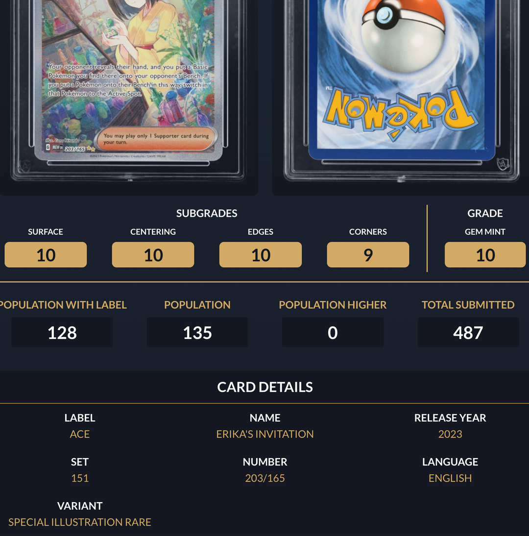 Pokemon Graded Card - Erika's Invitation 203/165 - Ace Gem Mint 10 (518052)