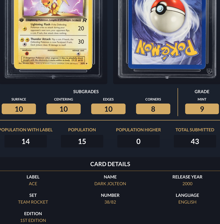 Pokemon Graded Card - Dark Jolteon 38/82 1st EDT - Ace Mint 9 (518041)
