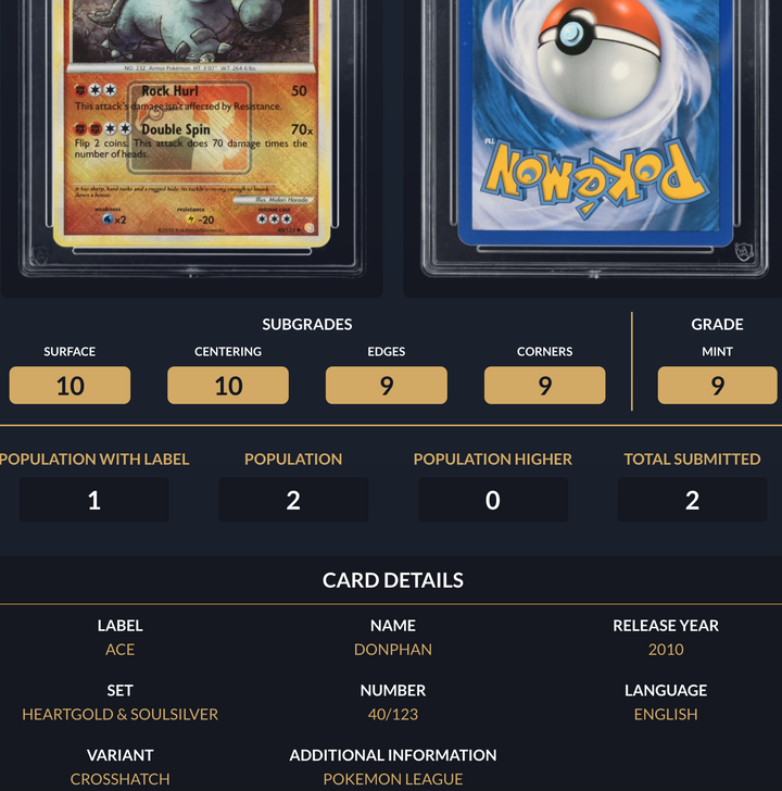 Pokemon Graded Card - Donphan 40/123 Crosshatch Pokemon League - Ace Mint 9 (518059)