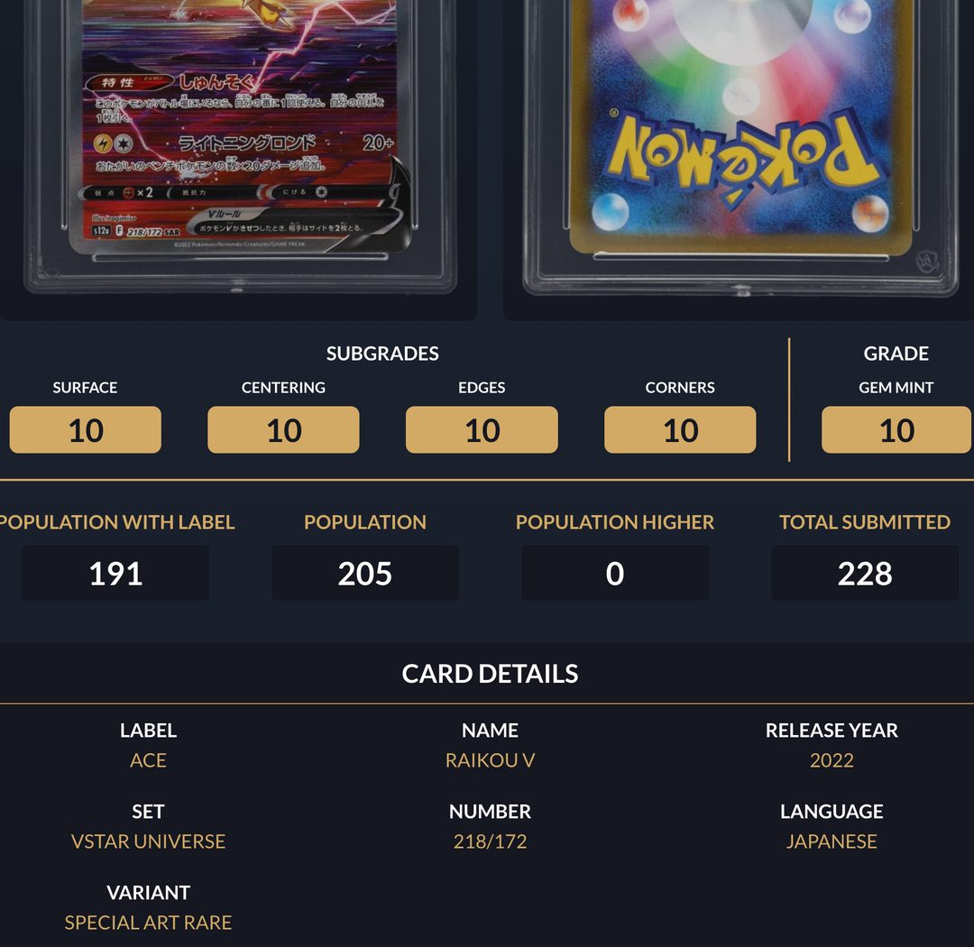 Pokemon Graded Card - Raikou V 218/172 - Japanese - Ace Gem Mint 10 (557691) - stylecreep.com