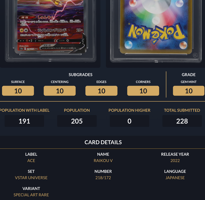 Pokemon Graded Card - Raikou V 218/172 - Japanese - Ace Gem Mint 10 (557691) - stylecreep.com