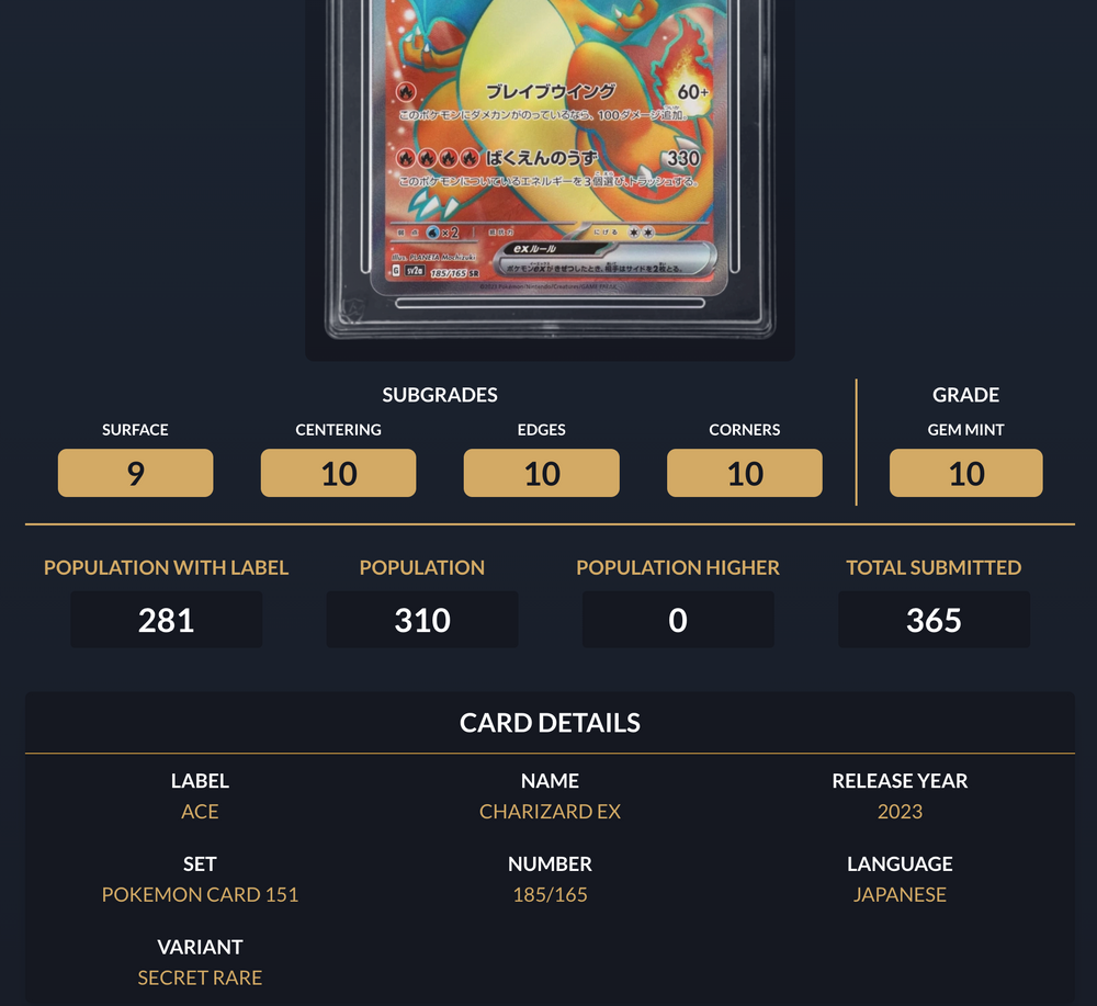 Pokemon Graded Card - Charizard ex 185/165 - Japanese - Ace Gem Mint 10 (241729) - stylecreep.com