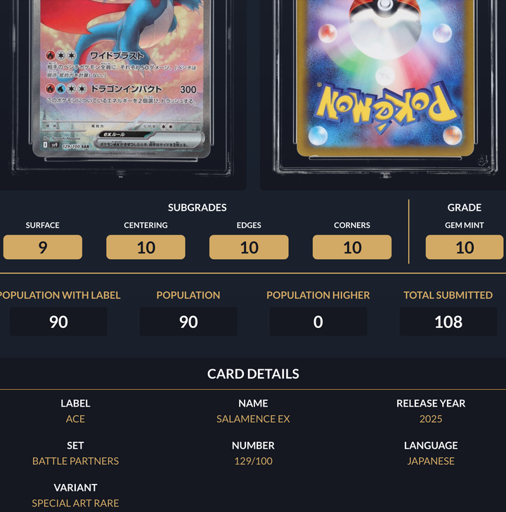 Pokemon Graded Card - Salamence ex 129/100 - Japanese - Ace Gem Mint 10 (509369)