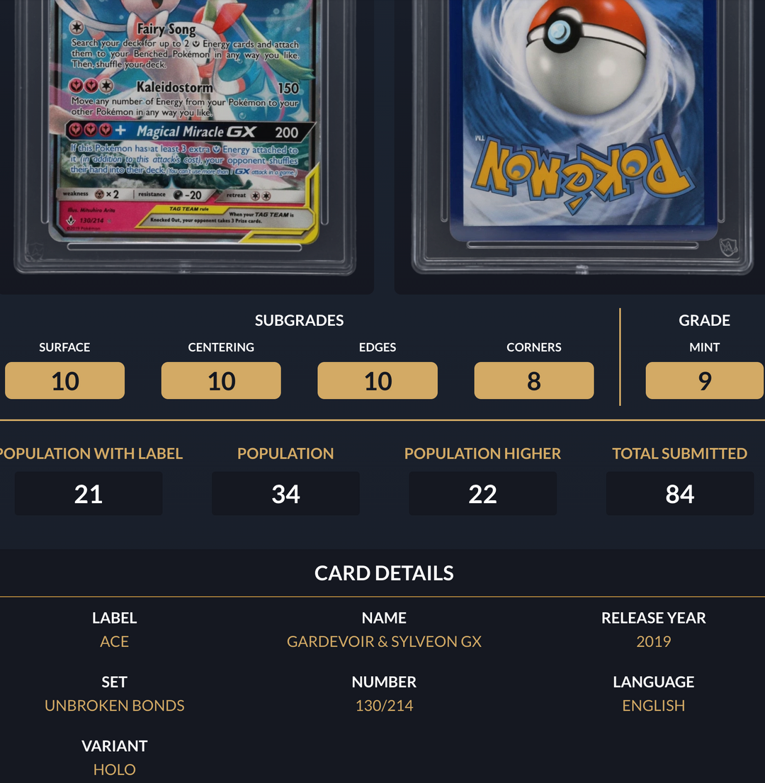 Pokemon Graded Card - Gardevoir & Sylveon GX 130/214 - Ace Mint 9 (557700)