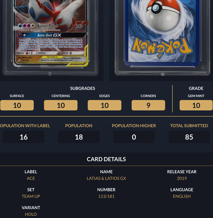 Pokemon Graded Card - Latias & Latios GX 113/181 - Ace Gem Mint 10 (557701)