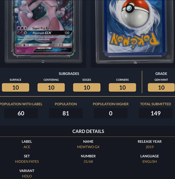 Pokemon Graded Card - Mewtwo GX 31/68 - Ace Gem Mint 10 (557698)