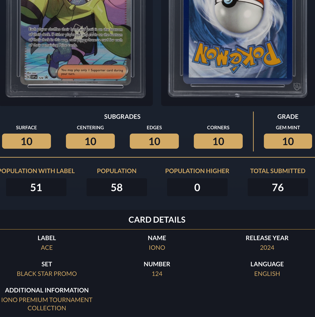 Pokemon Graded Card - Iono SVP 124 Promo - Ace Gem Mint 10 (557688)