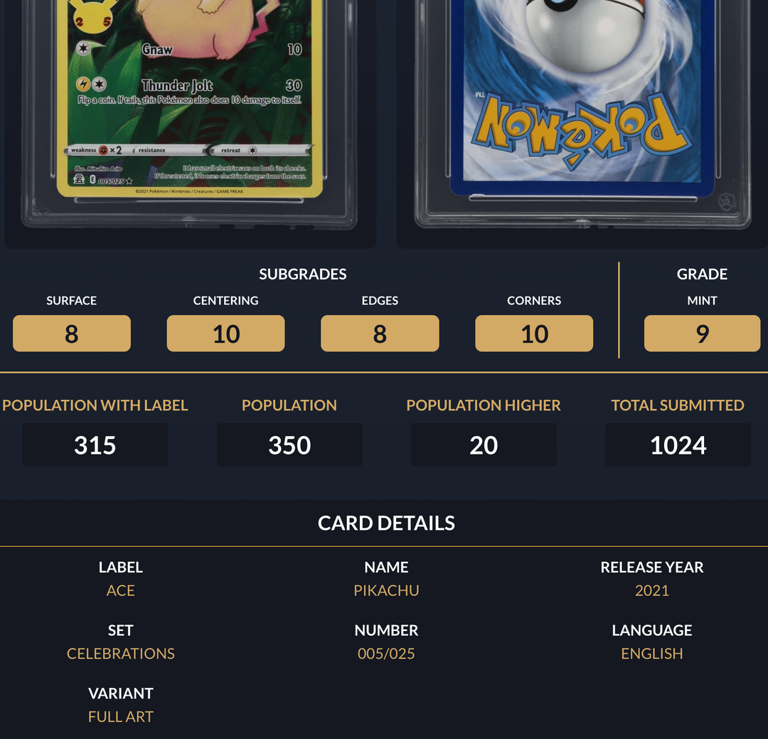 Pokemon Graded Card - Pikachu 005/025 - Ace Mint 9 (591668)
