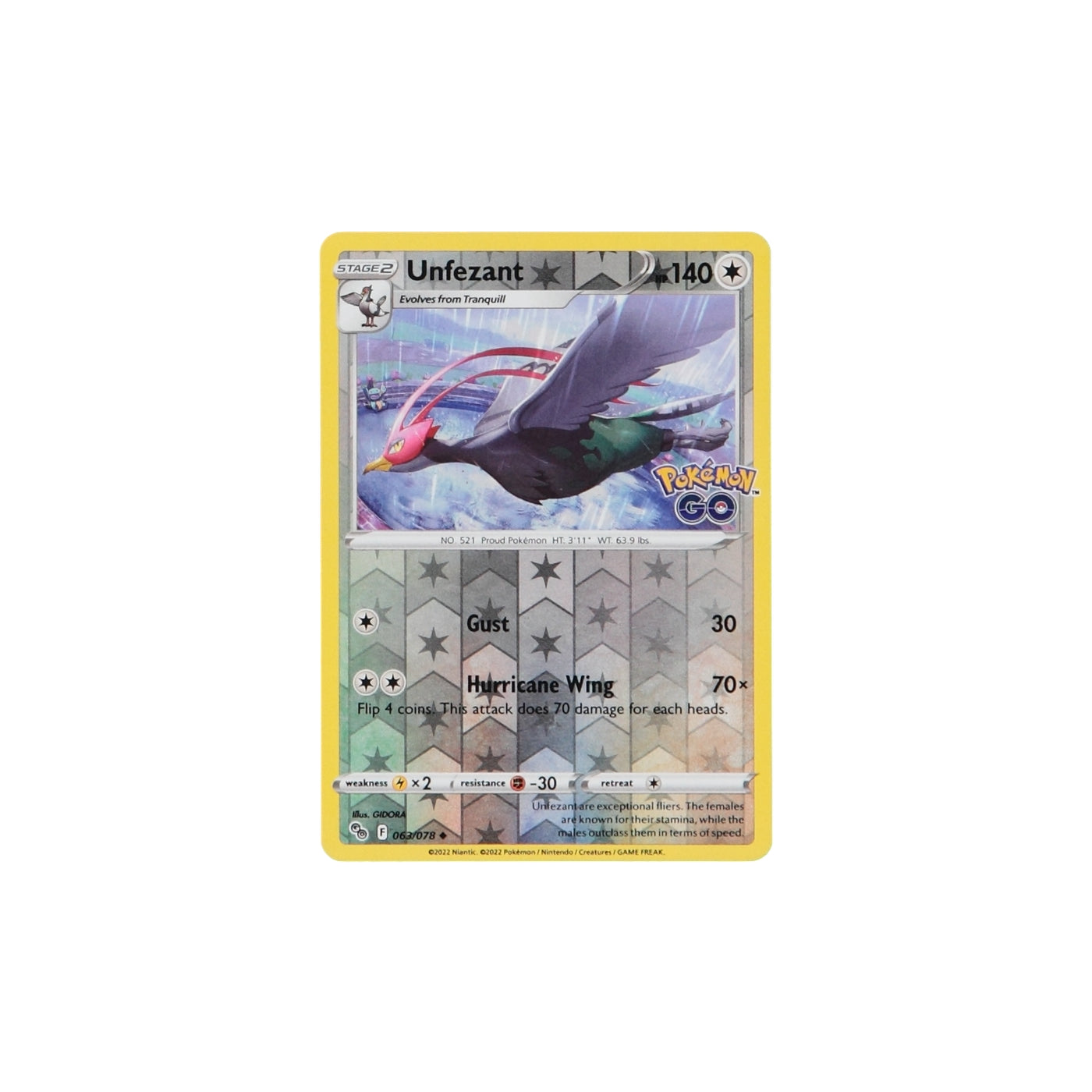 Pokemon TCG GO 063/078 Unfezant Rev Holo Card